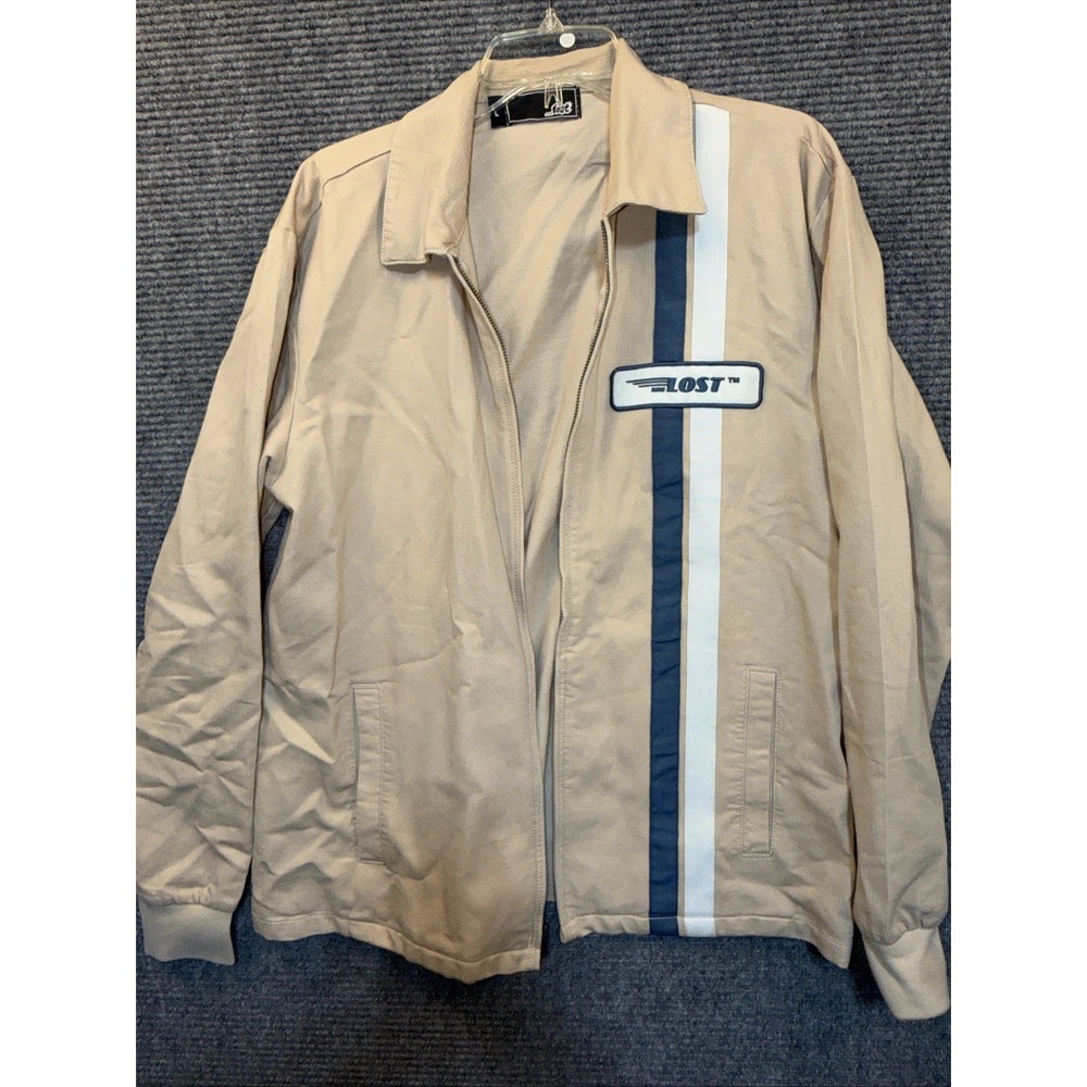 ...Lost Jacket Mens Large Beige100Cotton Canvas Full Zip Stripe Logo Windbreaker